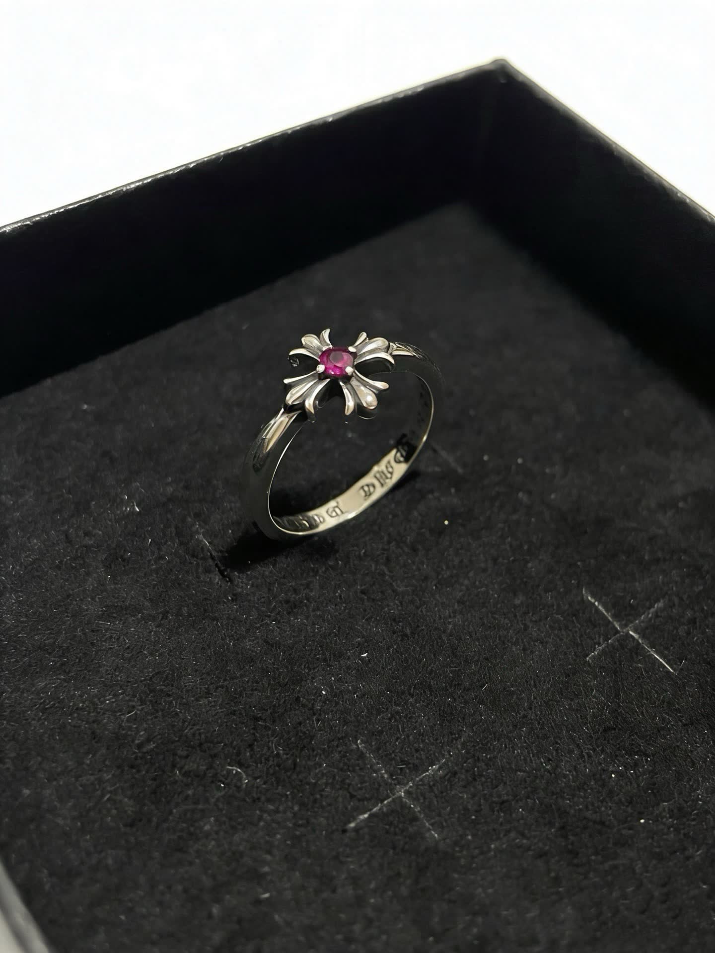 Chrome Hearts Silver Flower Ring with Red Gemstone